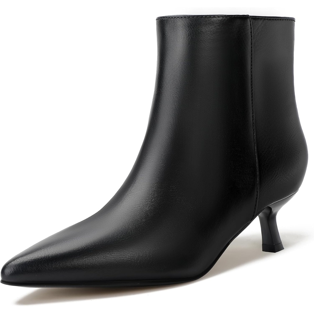 image:imageIDIFU IN2 Ankle Boots for Women Low Short Kitten Heel Booties Detachable Metal Strap Zipper Closed Pointed Toe Fall Ladies Bride Wedding Booties Comfortable Cute Trendy Stylish Fashion Dressy BootsBlack Pu