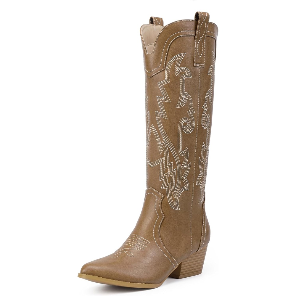 image:imageIDIFU IN2 Cowboy Boots For Women Cowgirl Knee High Western Tall Boots Chunky Low Pointed Toe Heel Boots Fashion Booties for Women Embroidered Wedding Country Concert BootsTan