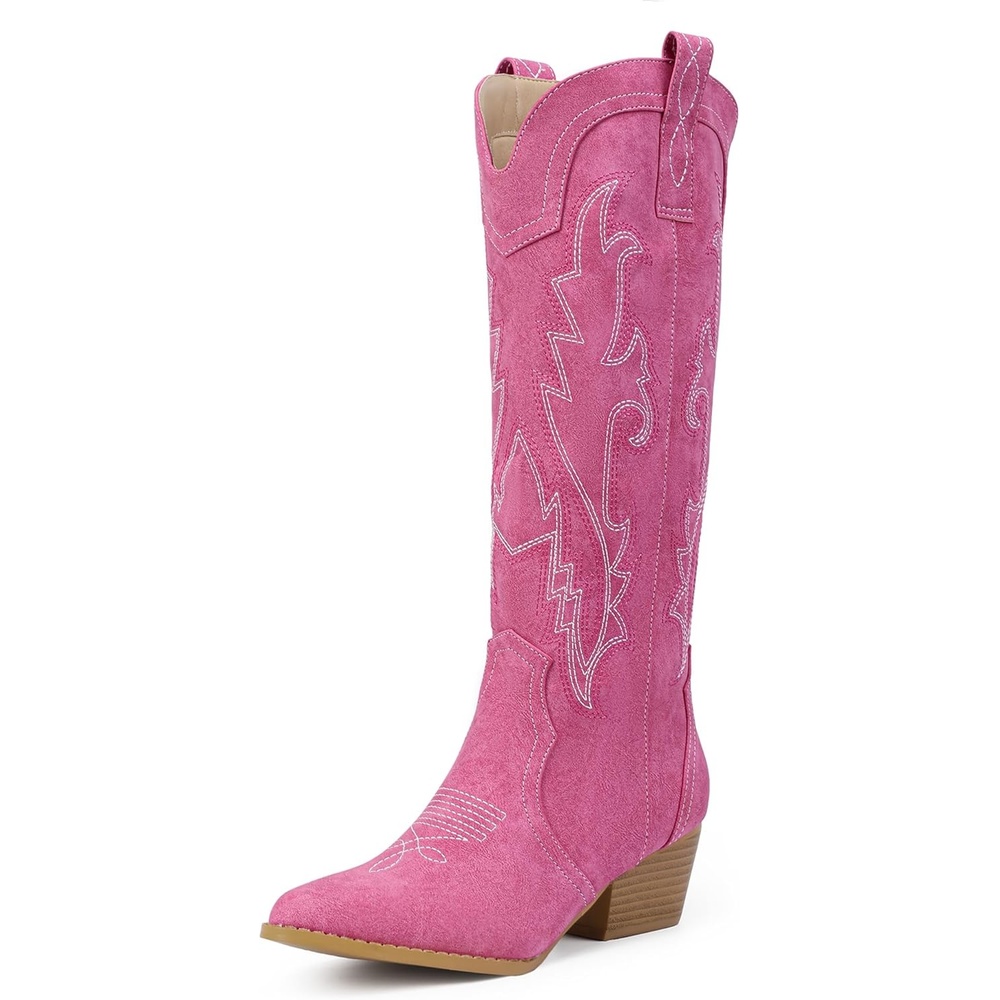 image:imageIDIFU IN2 Cowboy Boots For Women Cowgirl Knee High Western Tall Boots Chunky Low Pointed Toe Heel Boots Fashion Booties for Women Embroidered Wedding Country Concert BootsPink