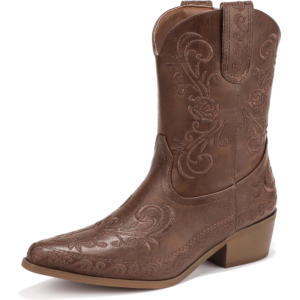 image:imageIDIFU IN2 Cowboy Boots for Women Cowgirl Western Ankle Boots Embroidered Stitched Pointed Toe Short Low Chunky Heel Dress Boots Comfortable Country Cute Fashion Vintage Classic BootiesBrown