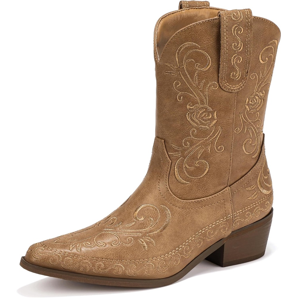 image:imageIDIFU IN2 Cowboy Boots for Women Cowgirl Western Ankle Boots Embroidered Stitched Pointed Toe Short Low Chunky Heel Dress Boots Comfortable Country Cute Fashion Vintage Classic BootiesTan