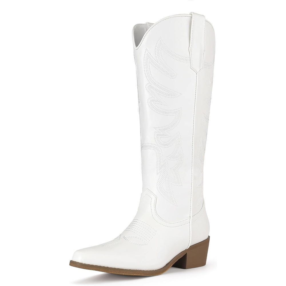 image:imageIDIFU IN2 Cowboy Boots for Women Knee High Cowgirl Western Boot Wide Calf Pointed Toe Embroidered Chunky Low Heel Country Boot with Side Zipper Comfortable Classic Retro Dress BootsWhite Pu