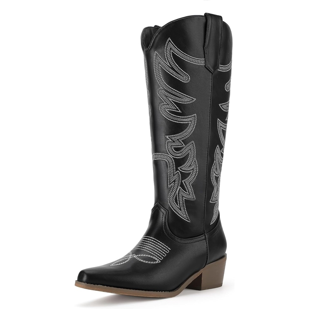 image:imageIDIFU IN2 Cowboy Boots for Women Knee High Cowgirl Western Boot Wide Calf Pointed Toe Embroidered Chunky Low Heel Country Boot with Side Zipper Comfortable Classic Retro Dress BootsBlack Pu
