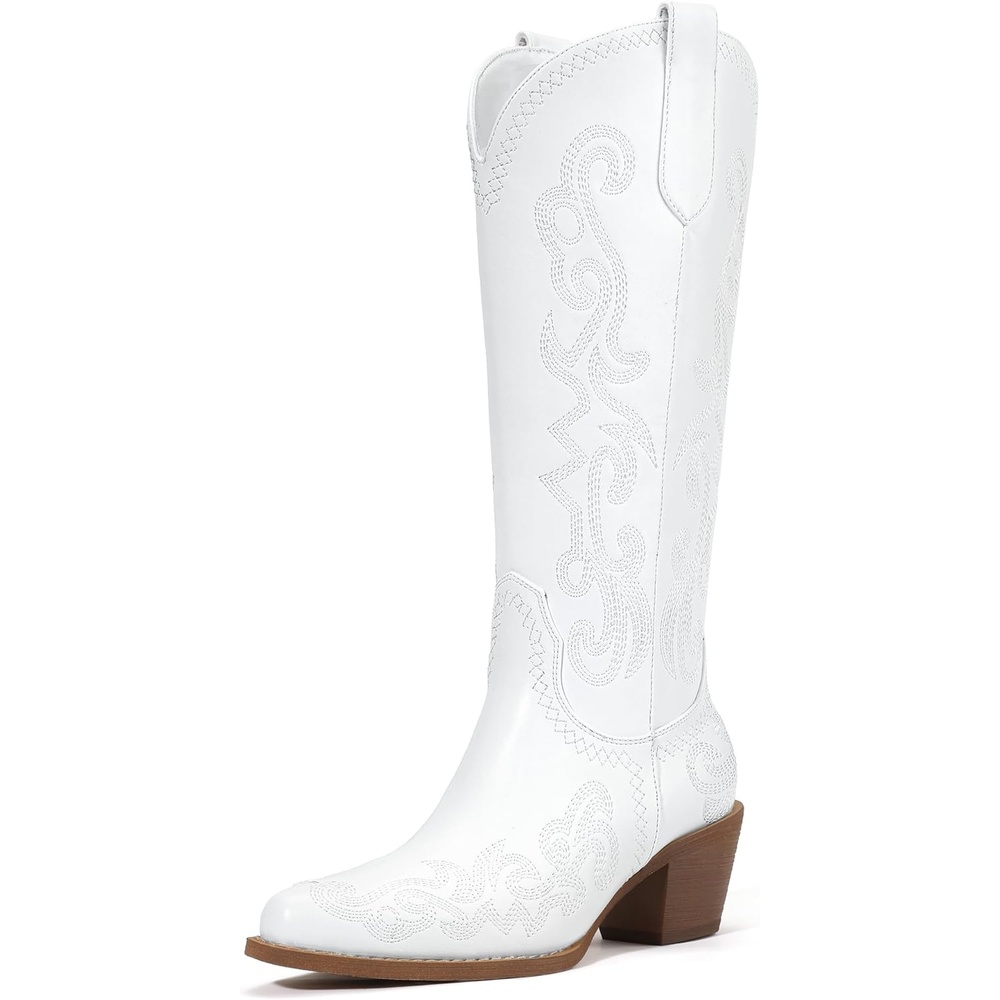 image:imageIDIFU IN2 Cowboy Boots for Women Western Cowgirl Knee High Long Boots Low Chunky Block Heel Pointed Toe Fashion Dressy Embroidered Wedding Country Concert Heeled BootsWhite