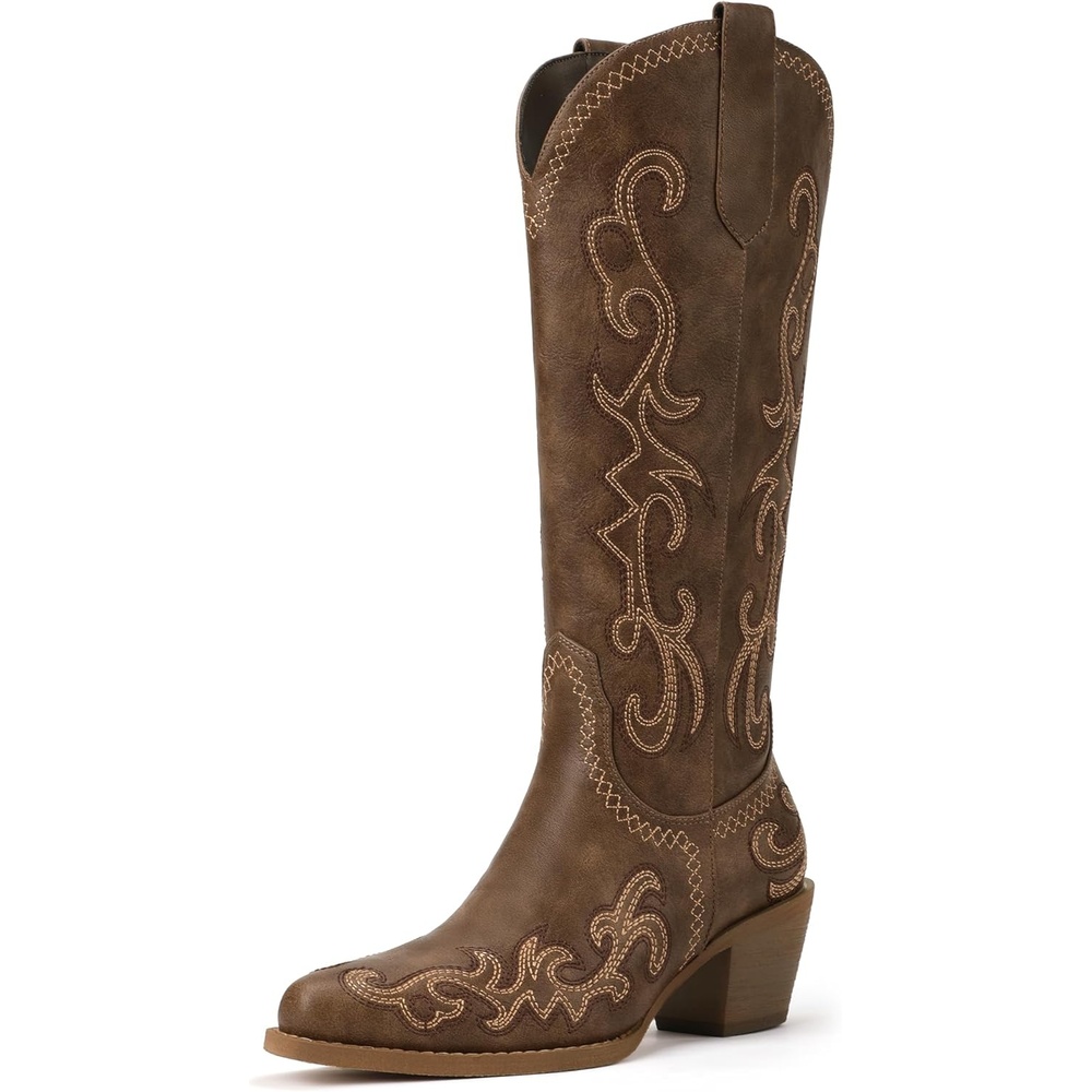 image:imageIDIFU IN2 Cowboy Boots for Women Western Cowgirl Knee High Long Boots Low Chunky Block Heel Pointed Toe Fashion Dressy Embroidered Wedding Country Concert Heeled BootsBrown