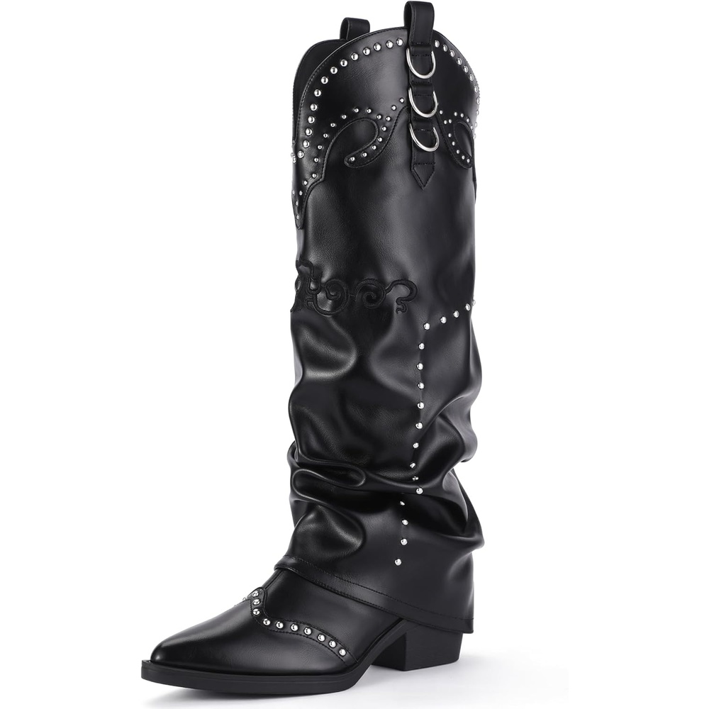 image:imageIDIFU IN2 Fold Over Cowboy Boots for Women Cowgirl Knee High Western Embroidered Pointed Toe Slouchy Low Short Block Chunky Heel Zipper Comfort Fashion Cute Trendy Prom Dressy Fall BootsBlack Pu