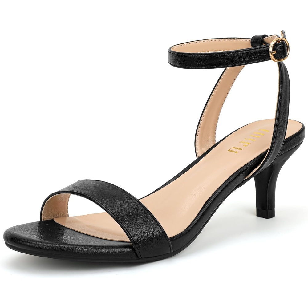 image:imageIDIFU IN2 Kitten Heels for Women Low Open Toe Ankle Strap Heeled Sandals Wedding Bridal Evening Prom Party Dress Shoes Womens HeelsNew Black Pu