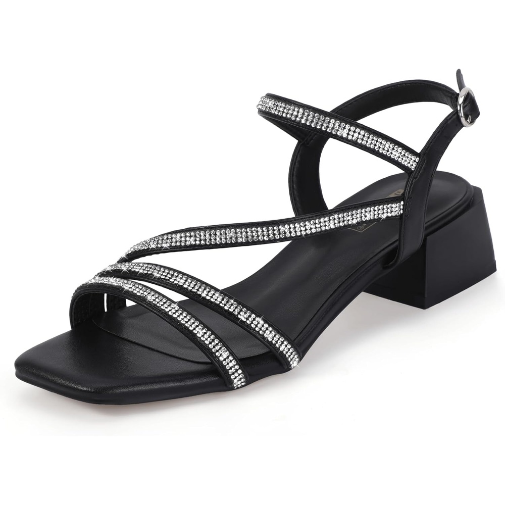 image:imageIDIFU IN2 Rhinestone Low Heels for Women Sparkly Dressy Block Short Strappy Square Open Toe Chunky Heeled Sandals Prom Wedding Bride Party Dress Shoes Comfortable Bling Thick HeelsBlack Rhinestone