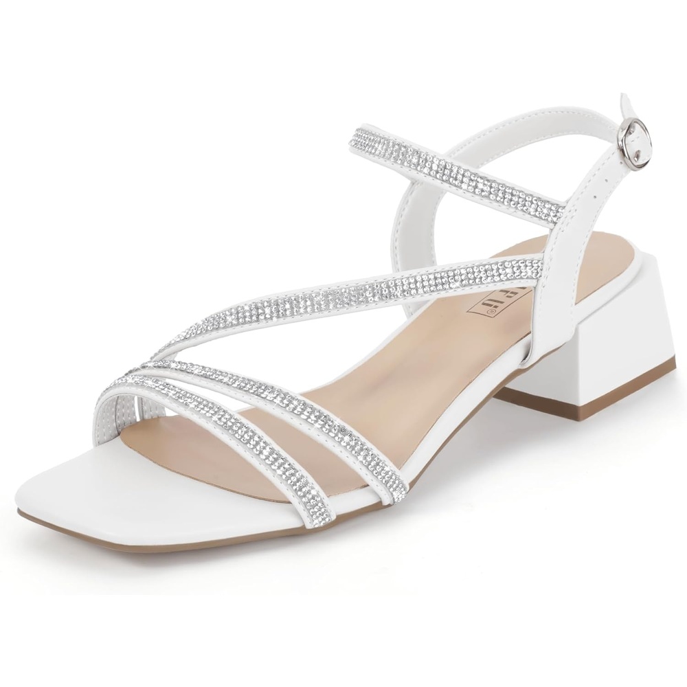 image:imageIDIFU IN2 Rhinestone Low Heels for Women Sparkly Dressy Block Short Strappy Square Open Toe Chunky Heeled Sandals Prom Wedding Bride Party Dress Shoes Comfortable Bling Thick HeelsWhite Rhinestone