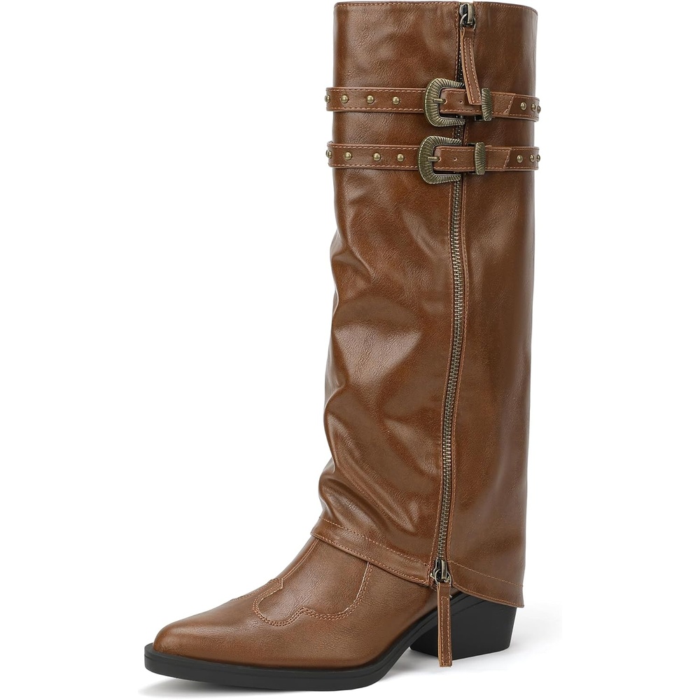 image:imageIDIFU IN2 Women Fold Over Cowboy Boots Slouchy Cowgirl Knee High Boots Pointed Toe Low Short Block Chunky Heel Boot Long Tall Studded Zipper Buckles Comfort Trendy Dressy Shark BootBrown Pu