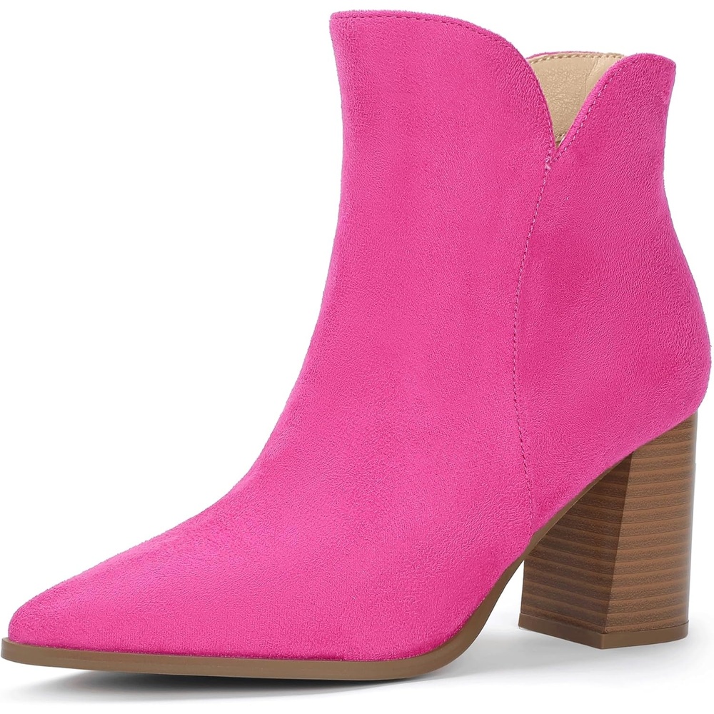 image:imageIDIFU IN3 Ankle Boots for Women Chunky Block Short Heel Boot Comfortable Classic Pointed Toe Dress Booties Casual Dressy Fashion Side V Cutout with Zipper Fall BootsHot Pink Suede