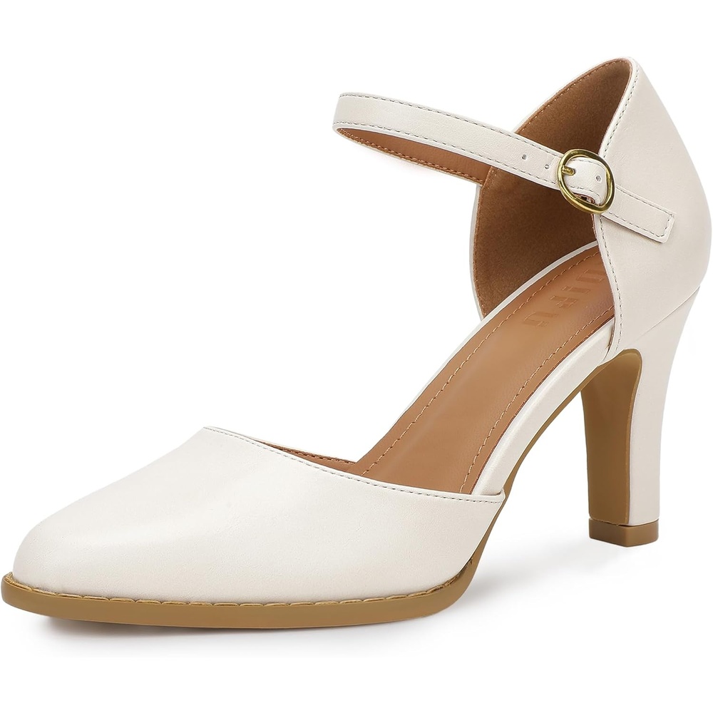 image:imageIDIFU IN3 Closed Toe Chunky High Heels Comfortable Dress Shoes for Women Pumps Vintage Heels Dressy Wedding Prom Bridal Party Work Office Business DOrsay Pumps ShoesWhite Pu