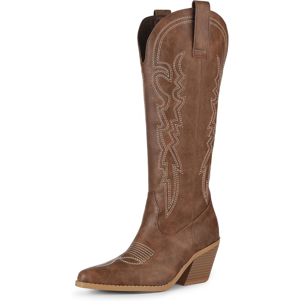 image:imageIDIFU IN3 Cowboy Boots for Women Cowgirl Knee High Western Embroidered Booties Side Zipper Low Block Chunky Heel Pull on Pointed Toe Tall Booties Comfy Dress Long BootsBrown Pu