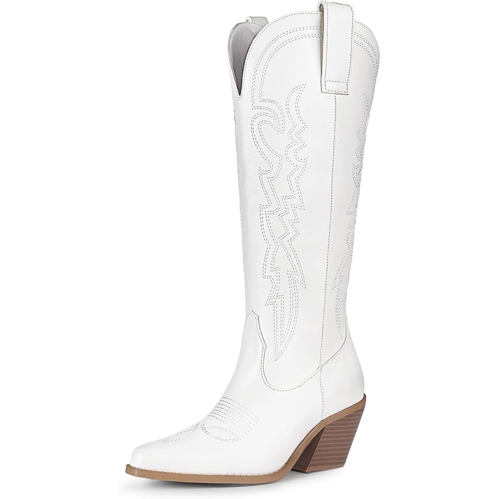 image:imageIDIFU IN3 Cowboy Boots for Women Cowgirl Knee High Western Embroidered Booties Side Zipper Low Block Chunky Heel Pull on Pointed Toe Tall Booties Comfy Dress Long BootsWhite Pu