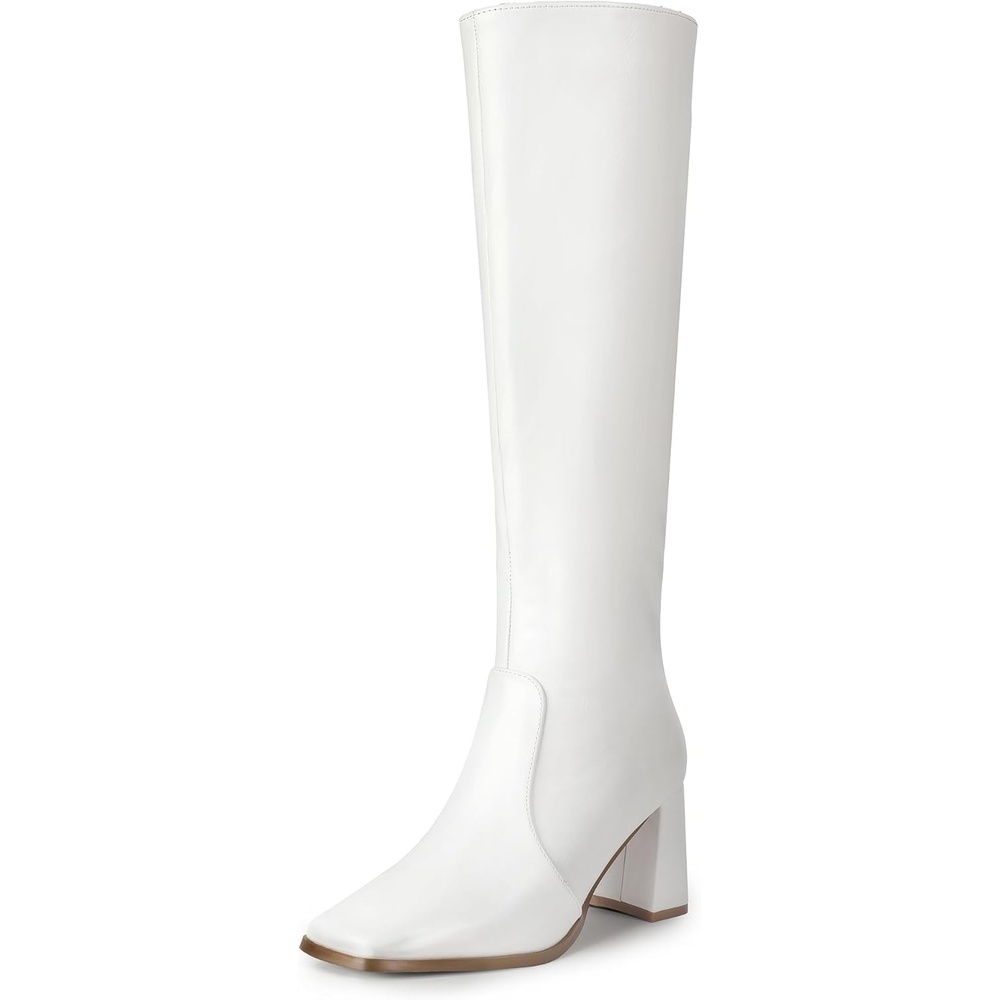 image:imageIDIFU IN3 Knee High Boots for Women Square Toe GoGo Chunky High Heeled Tall Long Fall Boot with Side Zipper Dress Comfortable Fashion Pull On Small Thick Heel BootsNew Fashion White Pu