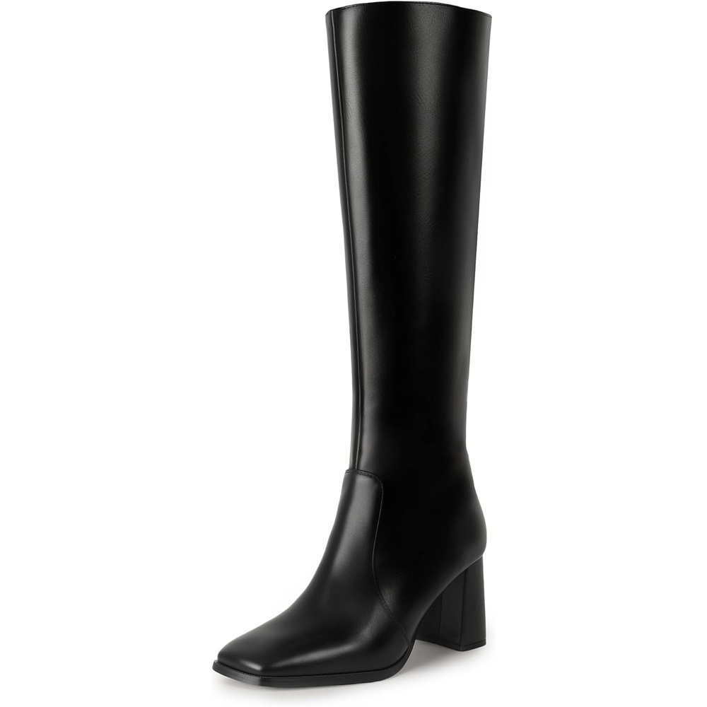 image:imageIDIFU IN3 Knee High Boots for Women Square Toe GoGo Chunky High Heeled Tall Long Fall Boot with Side Zipper Dress Comfortable Fashion Pull On Small Thick Heel BootsNew Fashion Black Pu