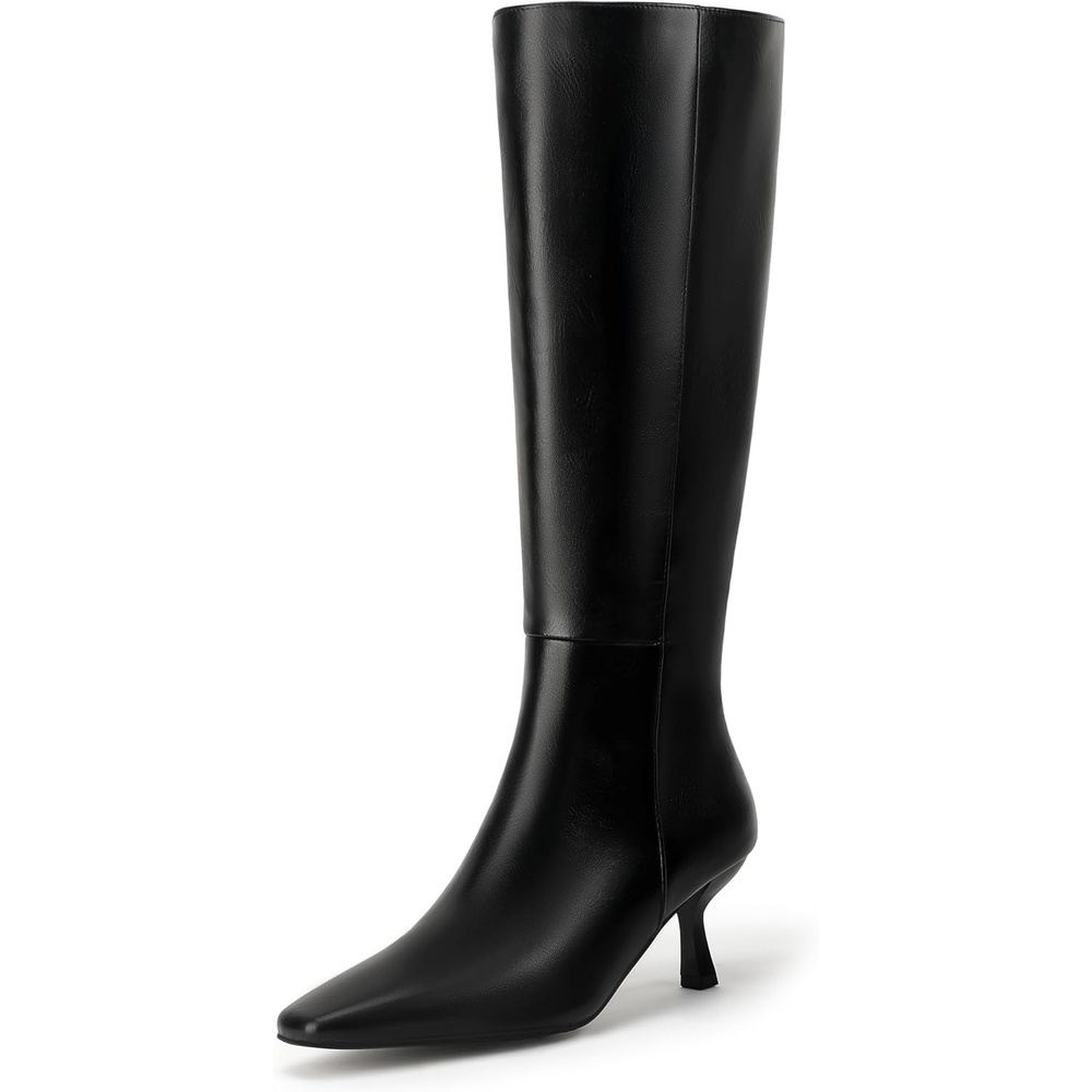 image:imageIDIFU IN3 Knee High Boots for Women Square Toe Low Kitten Heel Tall Long Fall Boot with Side Zipper Dress Comfortable Fashion Pull On Small Heel GoGo Heeled BootsBlack Pu
