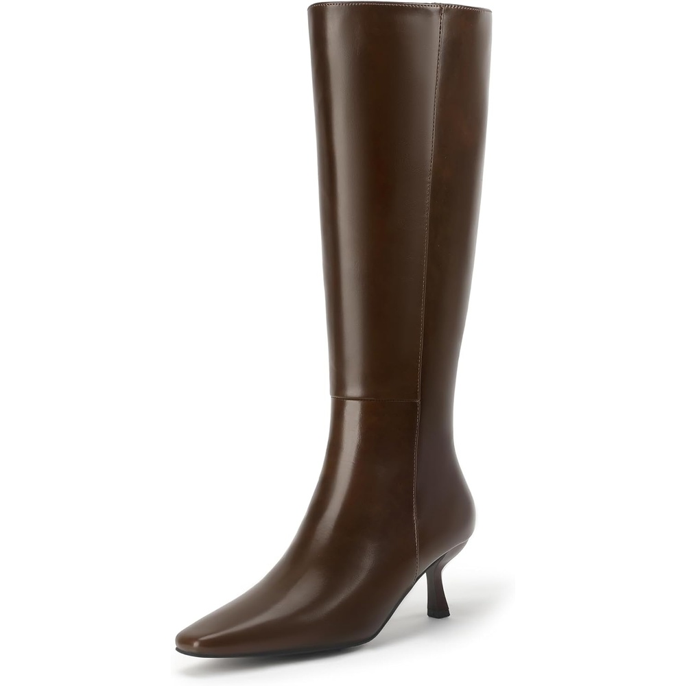 image:imageIDIFU IN3 Knee High Boots for Women Square Toe Low Kitten Heel Tall Long Fall Boot with Side Zipper Dress Comfortable Fashion Pull On Small Heel GoGo Heeled BootsDark Brown Pu