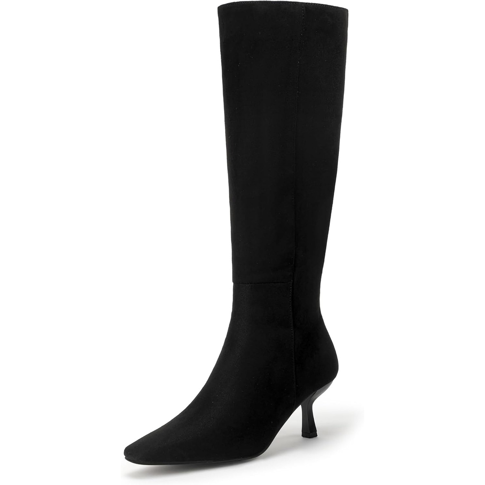 image:imageIDIFU IN3 Knee High Boots for Women Square Toe Low Kitten Heel Tall Long Fall Boot with Side Zipper Dress Comfortable Fashion Pull On Small Heel GoGo Heeled BootsBlack Suede