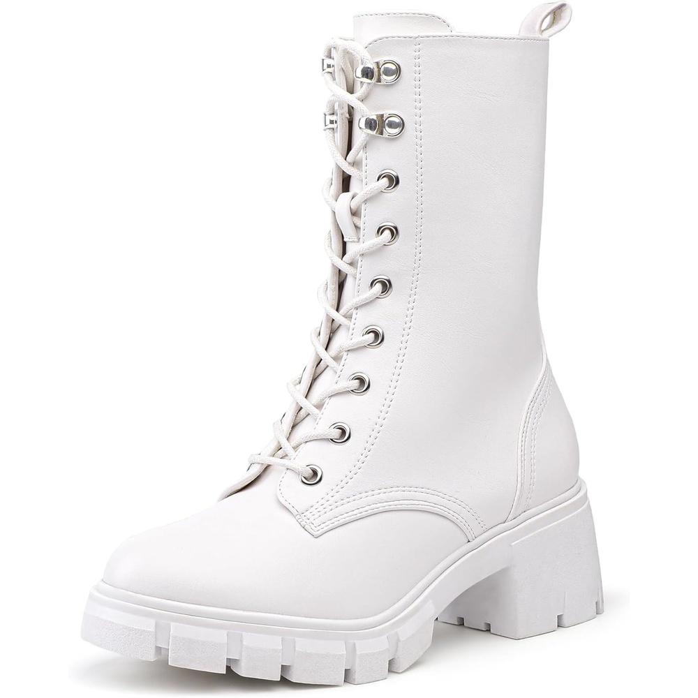 image:imageIDIFU IN3 Platform Combat Boots for Women Mid Calf Lace Up Boots Lug Sole Low Chunky Block Heel Boots Closed Round Toe Side Zipper Booties Fashion Thick Fall Heeled BootsLOOSEN ALL LACES FIRSTLYWhite Pu