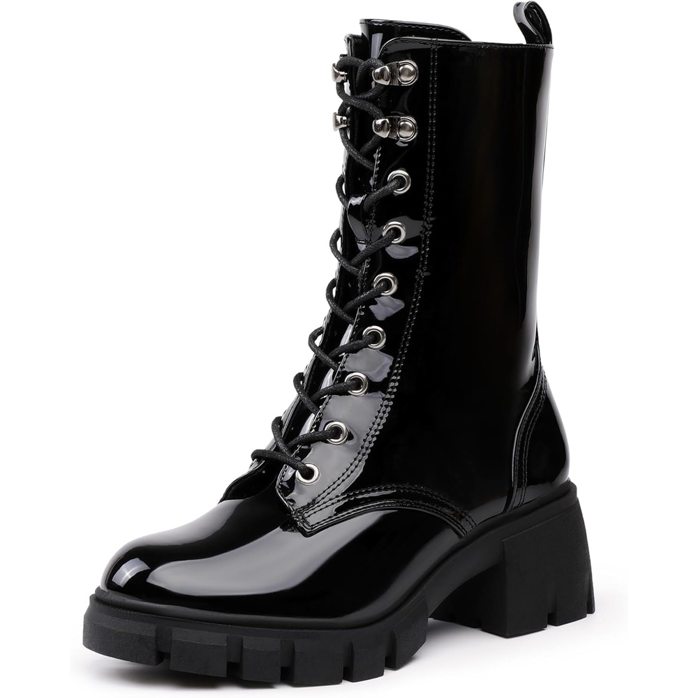 image:imageIDIFU IN3 Platform Combat Boots for Women Mid Calf Lace Up Boots Lug Sole Low Chunky Block Heel Boots Closed Round Toe Side Zipper Booties Fashion Thick Fall Heeled BootsLOOSEN ALL LACES FIRSTLYBlack Patent