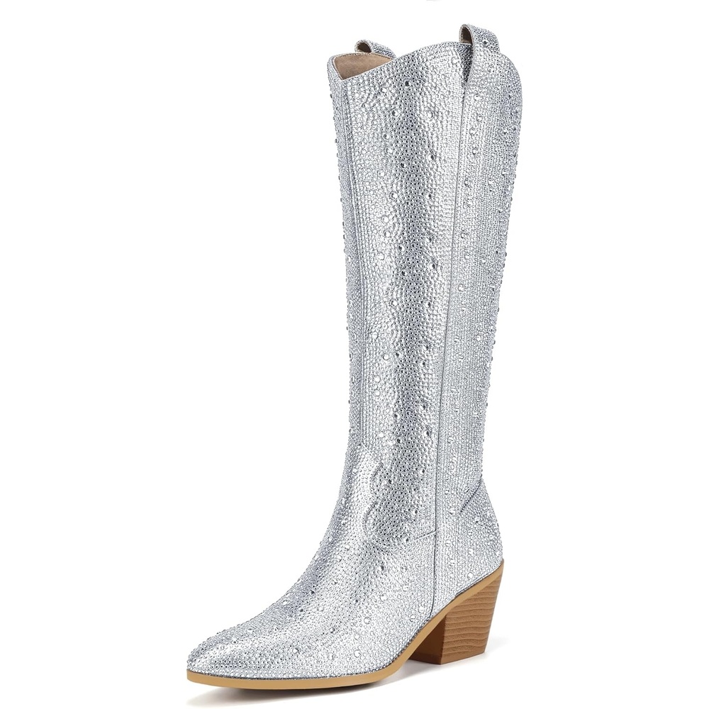 image:imageIDIFU IN3 Rhinestone Cowboy Boots For Women Knee High Western Cowgirl Boots Pointed Toe Block Chunky Heels Sparkly Glitter Long Tall Dress Booties Party Bling Shiny BootsRhinestone