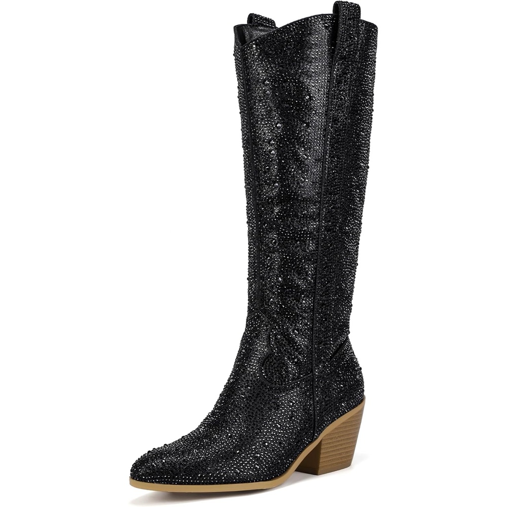 image:imageIDIFU IN3 Rhinestone Cowboy Boots For Women Knee High Western Cowgirl Boots Pointed Toe Block Chunky Heels Sparkly Glitter Long Tall Dress Booties Party Bling Shiny BootsBlack Rhinestone