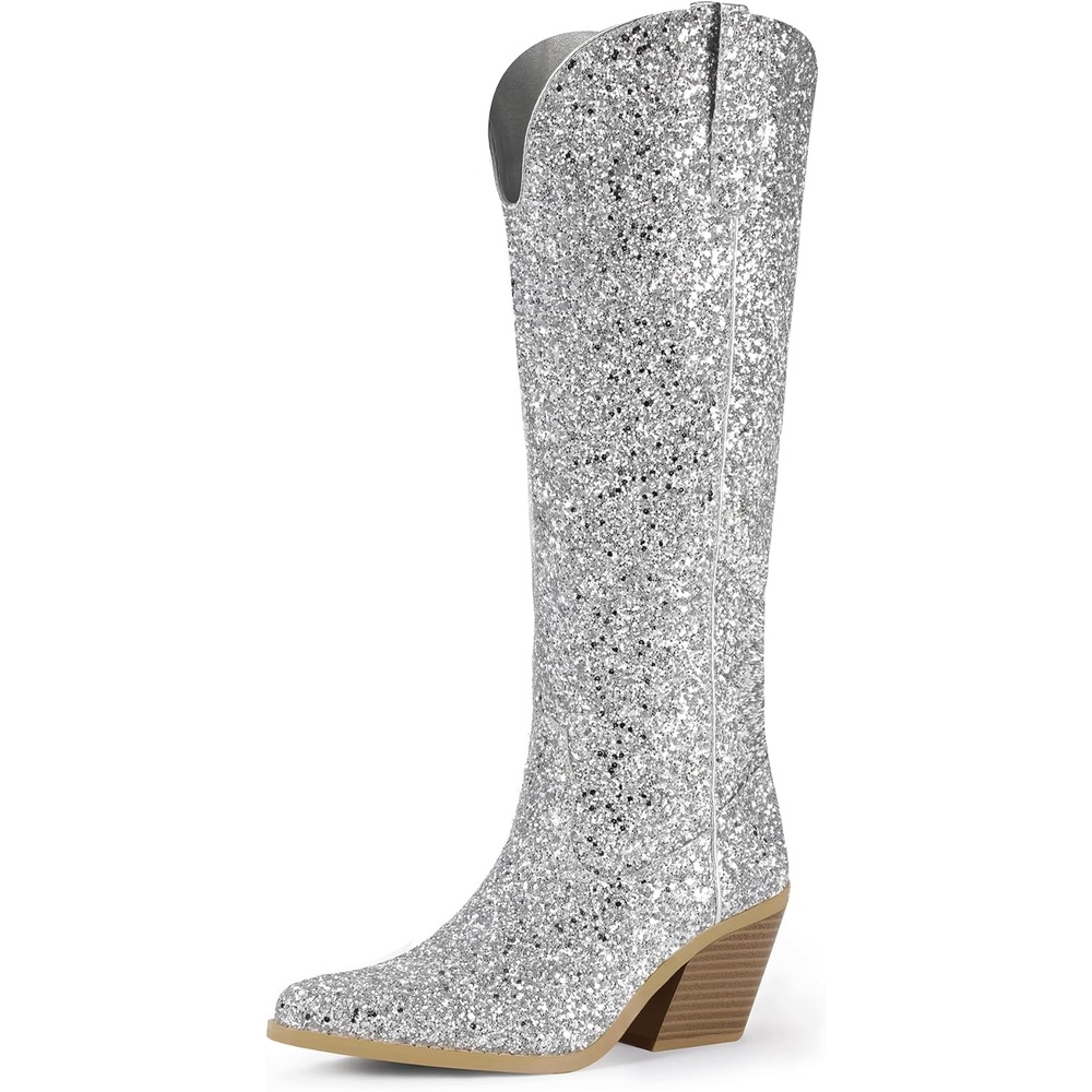 image:imageIDIFU IN3 Sparkly Cowboy Cowgirl Boots for Women Knee High Tall Long Glitter Dress Low Chunky Block Heel Sequin Sparkle Wedding Party Date Bride Ladies Bling Shiny BootsSilver