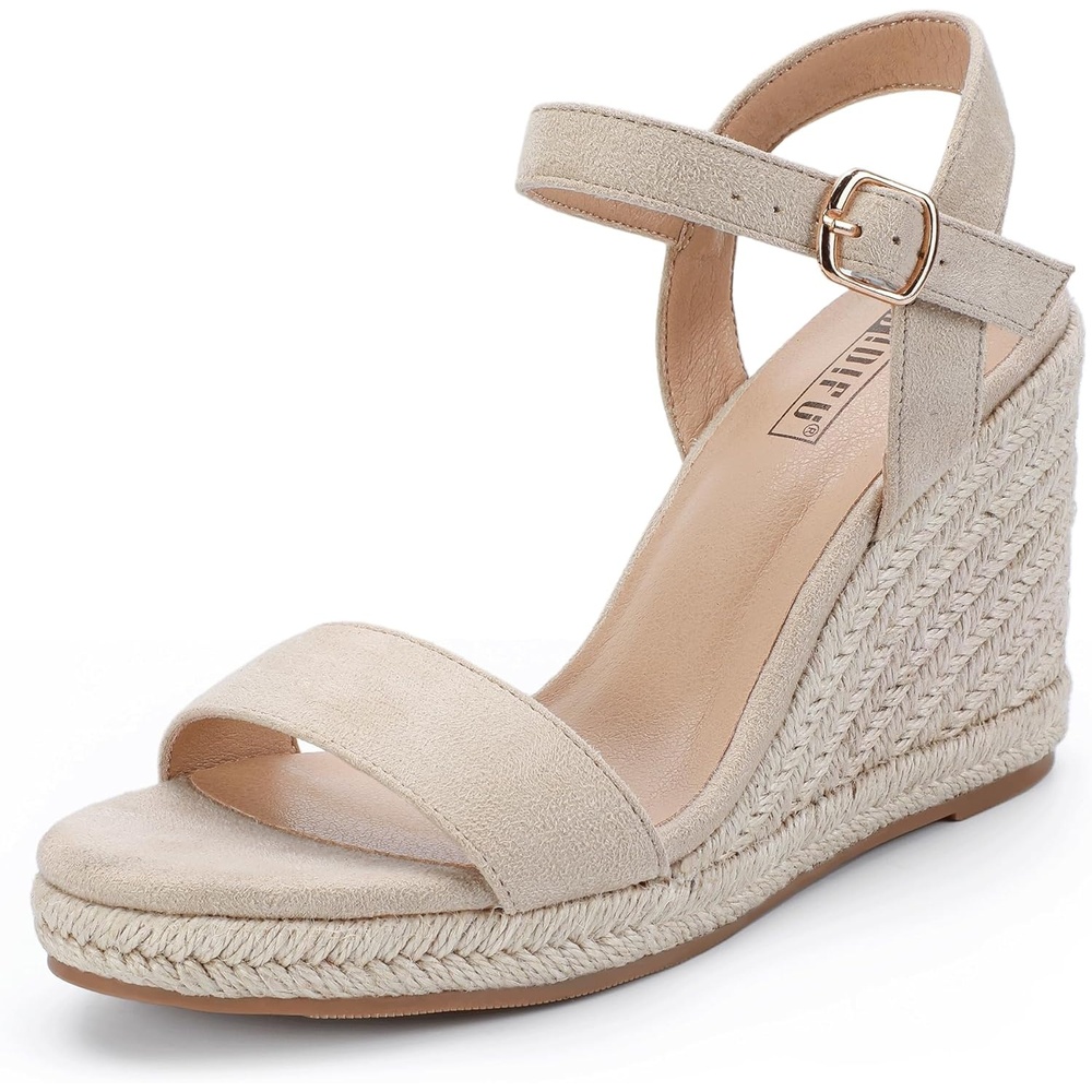 image:imageIDIFU IN4 Espadrille Wedge Sandals for Women Open Toe Ankle Strap Platform Wedges Heels Causal Summer Wedge Shoes Comfortable Espadrilles WedgesNude Suede
