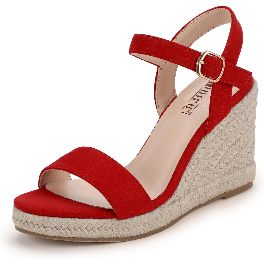 image:imageIDIFU IN4 Espadrille Wedge Sandals for Women Open Toe Ankle Strap Platform Wedges Heels Causal Summer Wedge Shoes Comfortable Espadrilles WedgesRed Suede