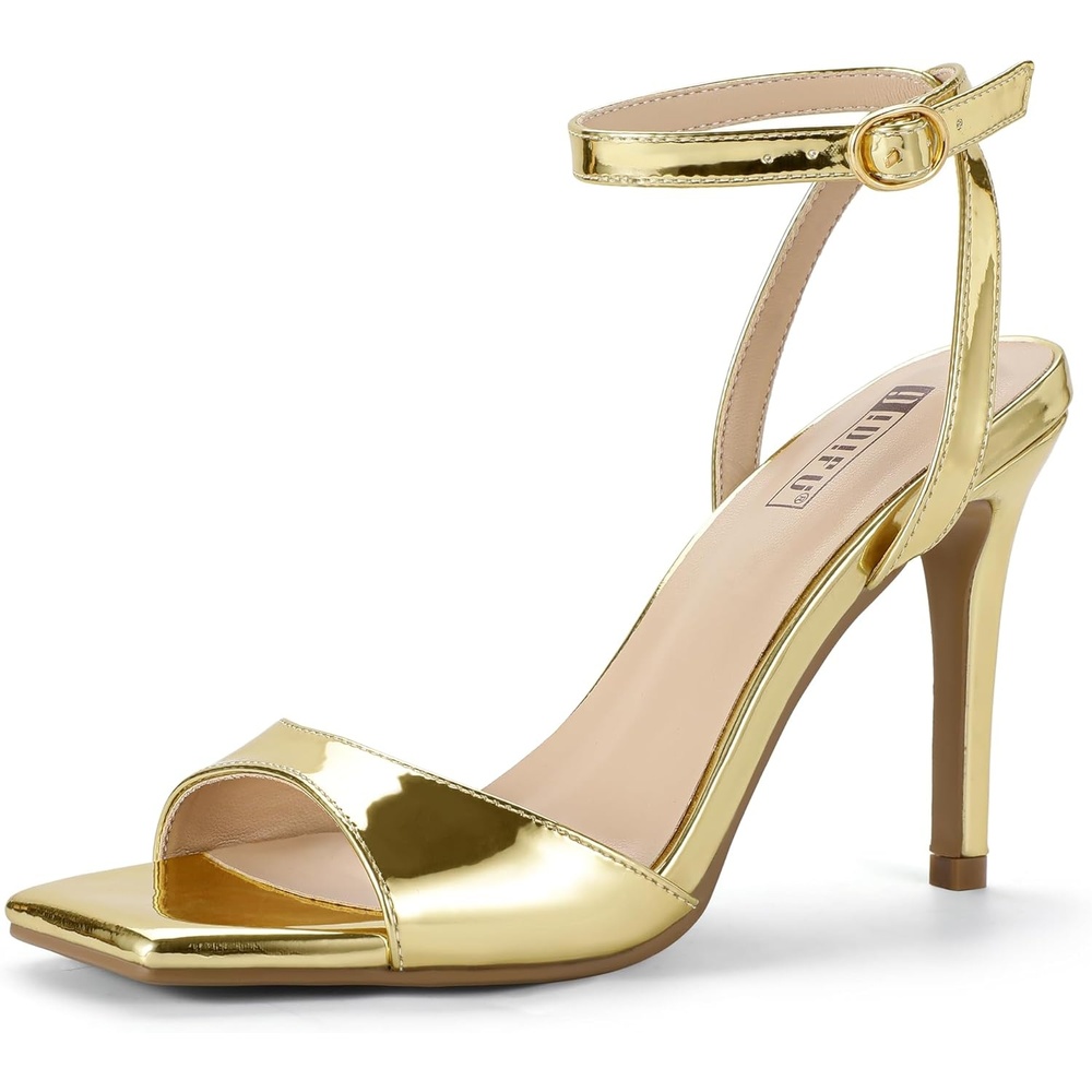 image:imageIDIFU IN4 High Stiletto Heels Square Peep Open Toe Strappy Heeled Sandals Wedding Bridal Prom Party Evening Dress Shoes for Women Comfortable Dressy Cute Sexy Ankle Strap HeelsGold Patent