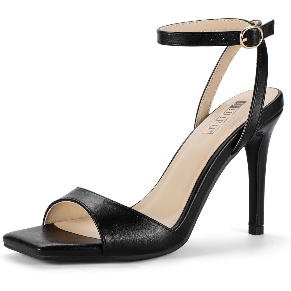 image:imageIDIFU IN4 High Stiletto Heels Square Peep Open Toe Strappy Heeled Sandals Wedding Bridal Prom Party Evening Dress Shoes for Women Comfortable Dressy Cute Sexy Ankle Strap HeelsBlack Pu