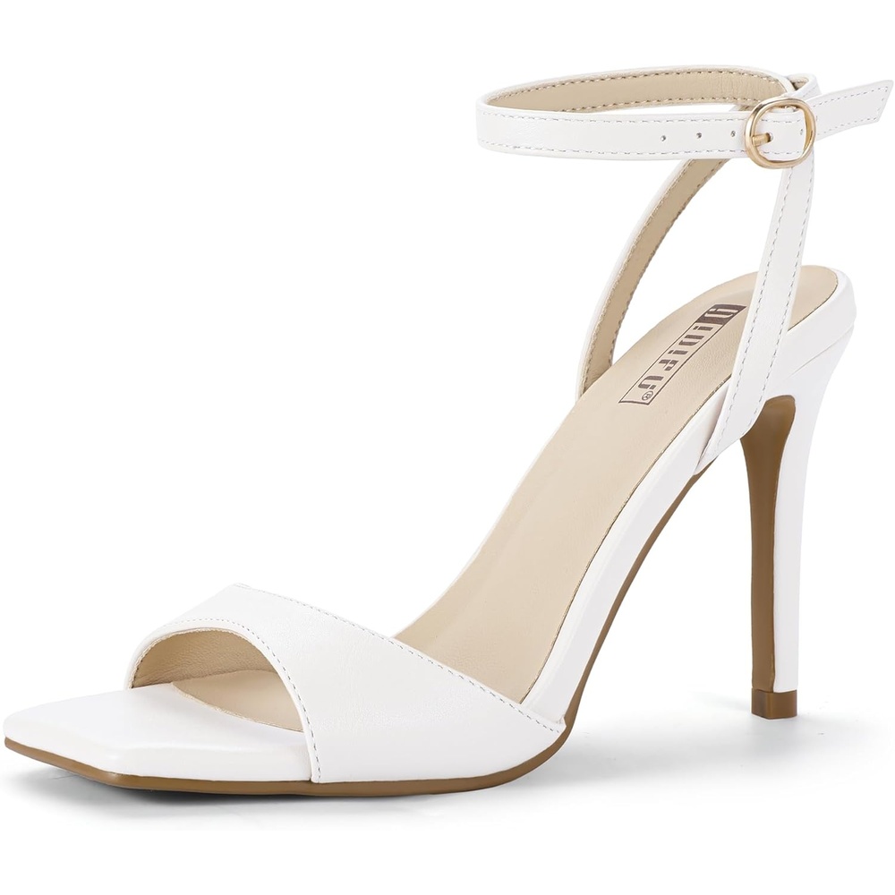 image:imageIDIFU IN4 High Stiletto Heels Square Peep Open Toe Strappy Heeled Sandals Wedding Bridal Prom Party Evening Dress Shoes for Women Comfortable Dressy Cute Sexy Ankle Strap HeelsWhite Pu