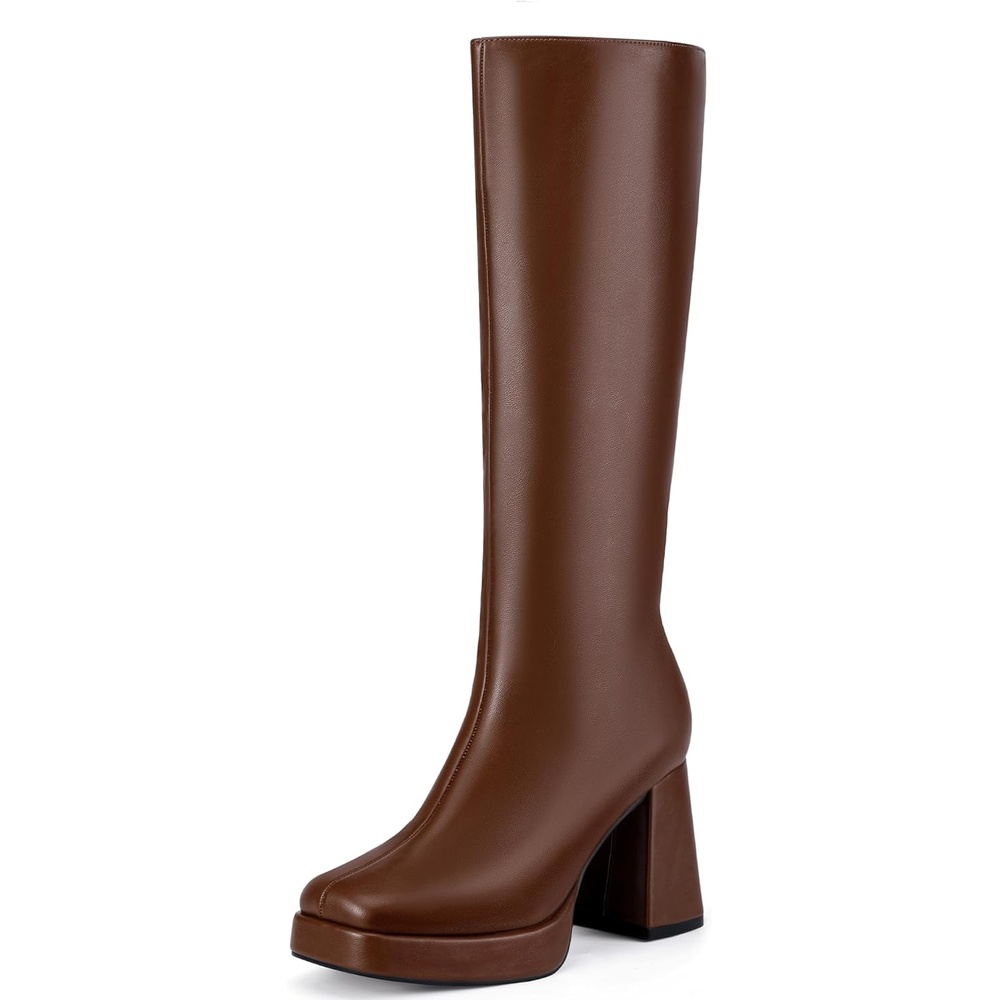 image:imageIDIFU IN4 Knee High Boots Women Platform Boots Tall High Long Square Toe Chunky Gogo Block Heel Boots Fall Dress Comfortable Fashion Cute Sexy Dance Booties for Women Zipper Heeled BootsBrown