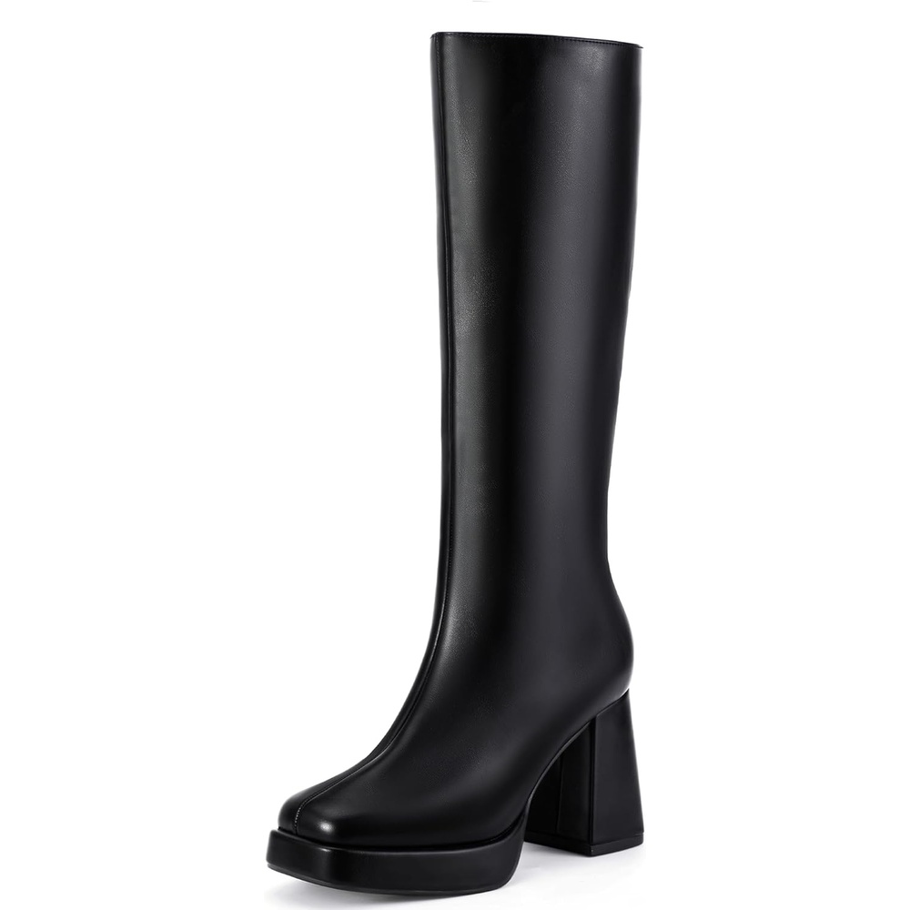 image:imageIDIFU IN4 Knee High Boots Women Platform Boots Tall High Long Square Toe Chunky Gogo Block Heel Boots Fall Dress Comfortable Fashion Cute Sexy Dance Booties for Women Zipper Heeled BootsBlack