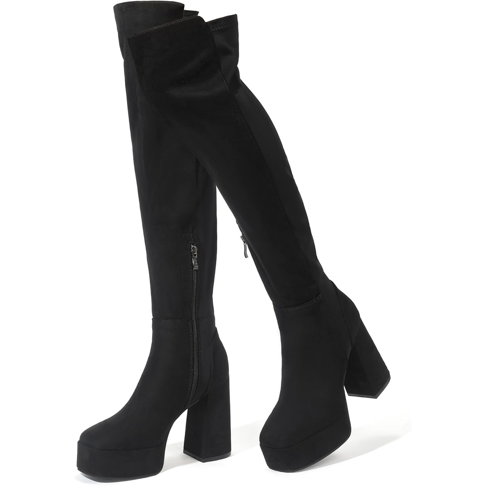 image:imageIDIFU IN4 Womens Thigh High Boots Over The Knee Stretch Platform Chunky Block Heel Side Zip Fashion Long BootsBlack Suede