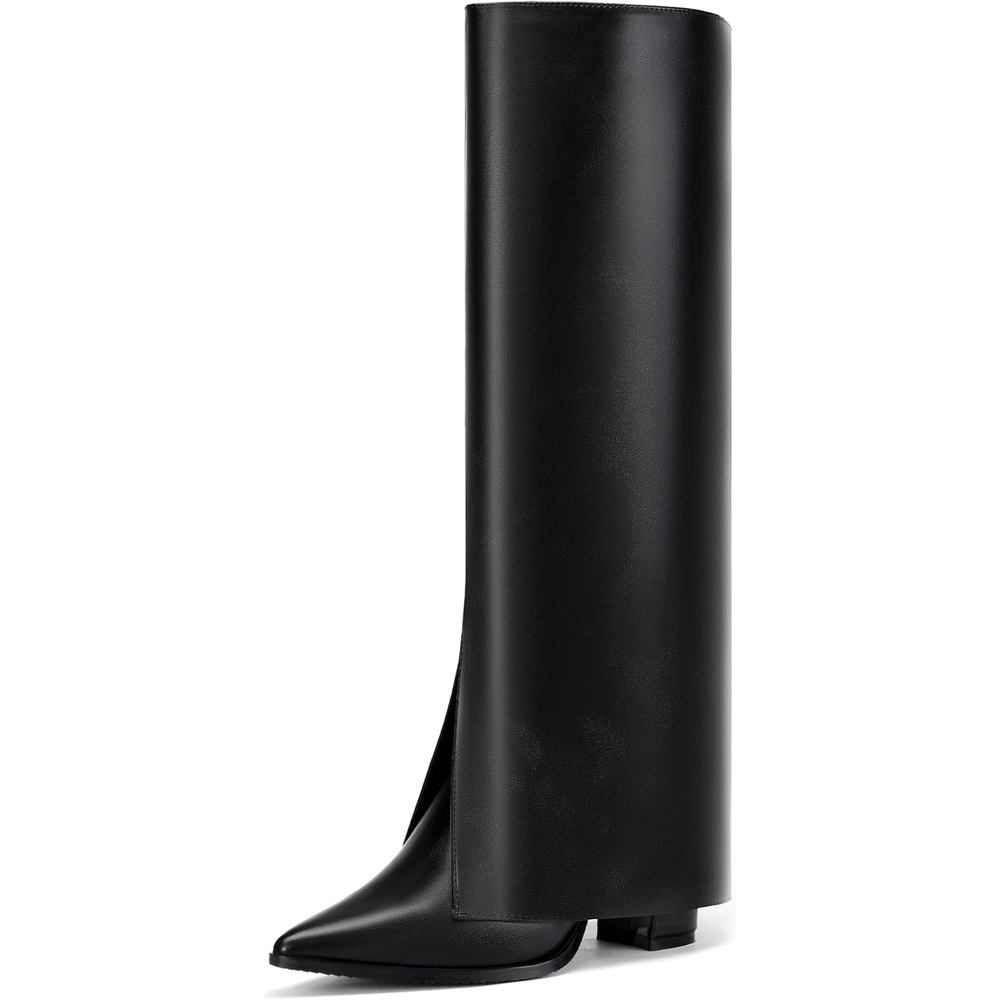 image:imageIDIFU Knee High Women Shark Boots Fold Over Tall High Chunky Heel Boots Pointed Toe Block Heeled Booties for Women Zip Up Dress Long Comfortable Cute Fashion Dressy Sexy Trendy Heel Booties BootsBlack Pu