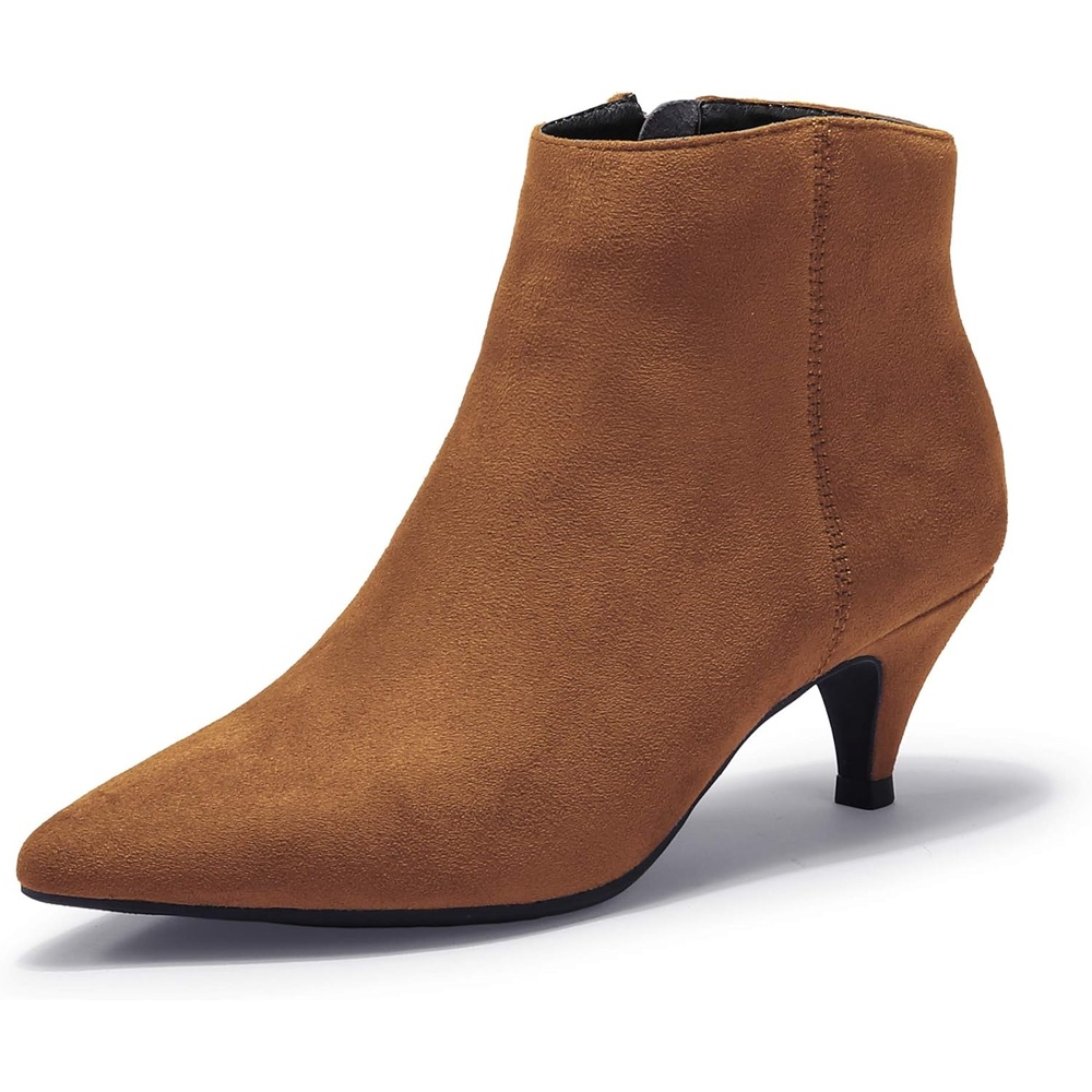 image:imageIDIFU Women Booties Low Kitten Heel Ankle Boots Pointed Toe Short Boots Dress Sexy ShoesBrown Suede
