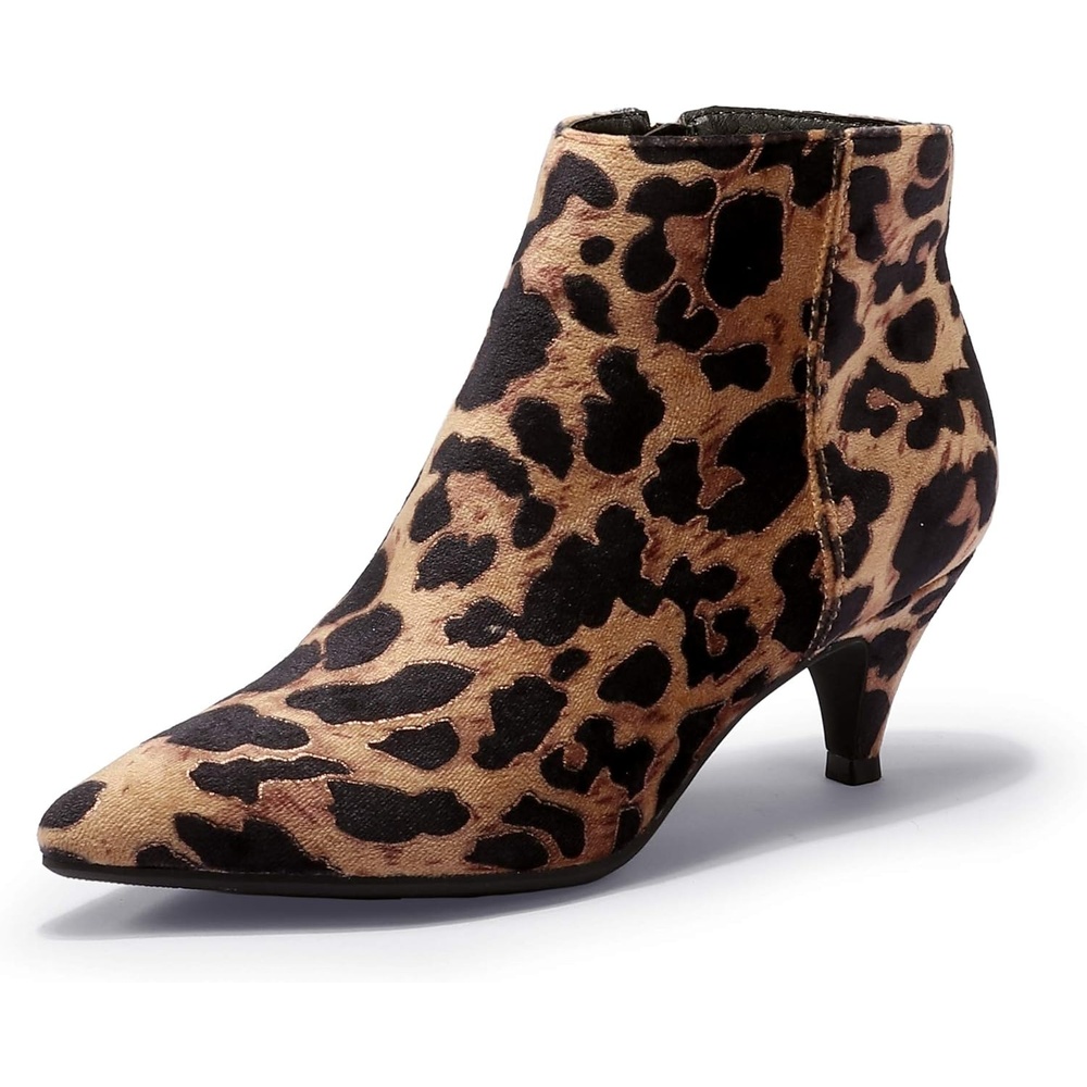 image:imageIDIFU Women Booties Low Kitten Heel Ankle Boots Pointed Toe Short Boots Dress Sexy ShoesLeopard Suede