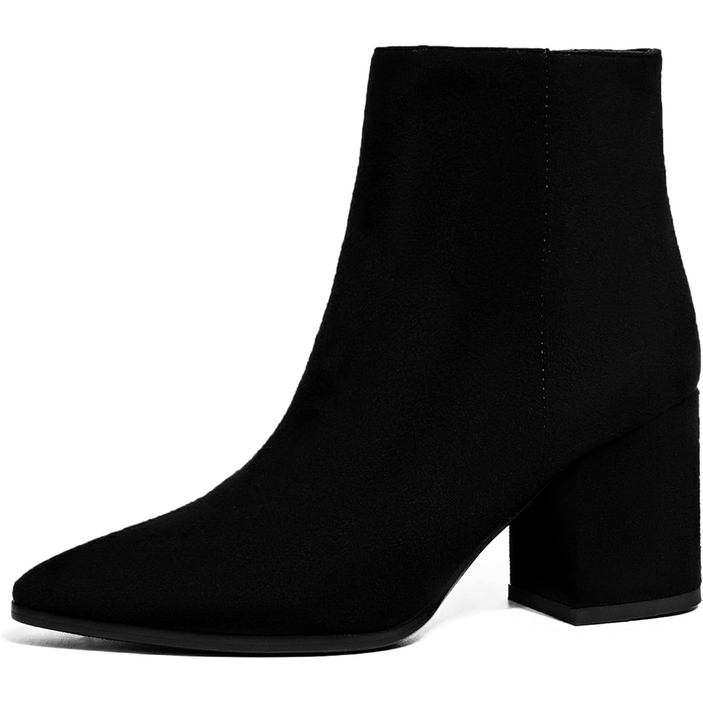 image:imageIDIFU Women Dress Ankle Boot with Low Chunky Heel Pointed Toe Side Zipper Bootie Shoe for Women Office Business Date WeddingBlack Suede