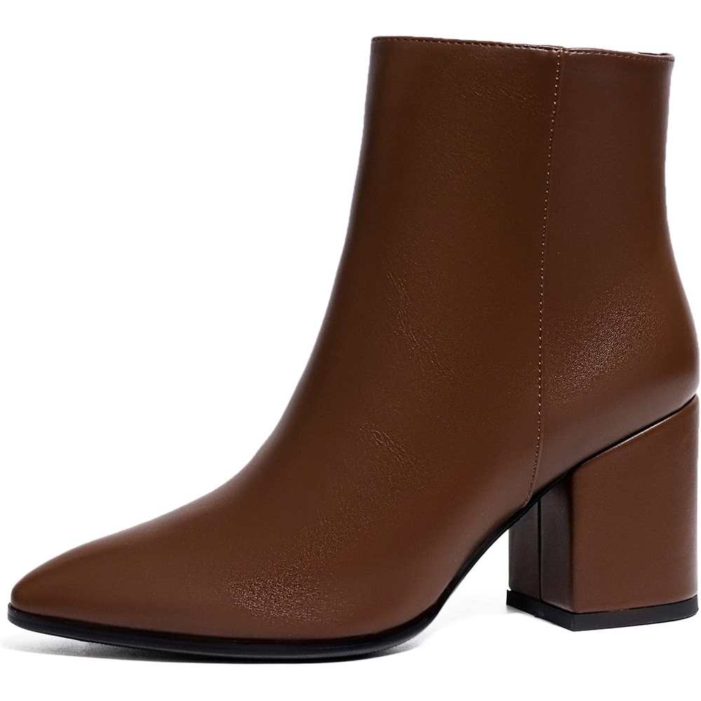image:imageIDIFU Women Dress Ankle Boot with Low Chunky Heel Pointed Toe Side Zipper Bootie Shoe for Women Office Business Date WeddingDark Brown Pu