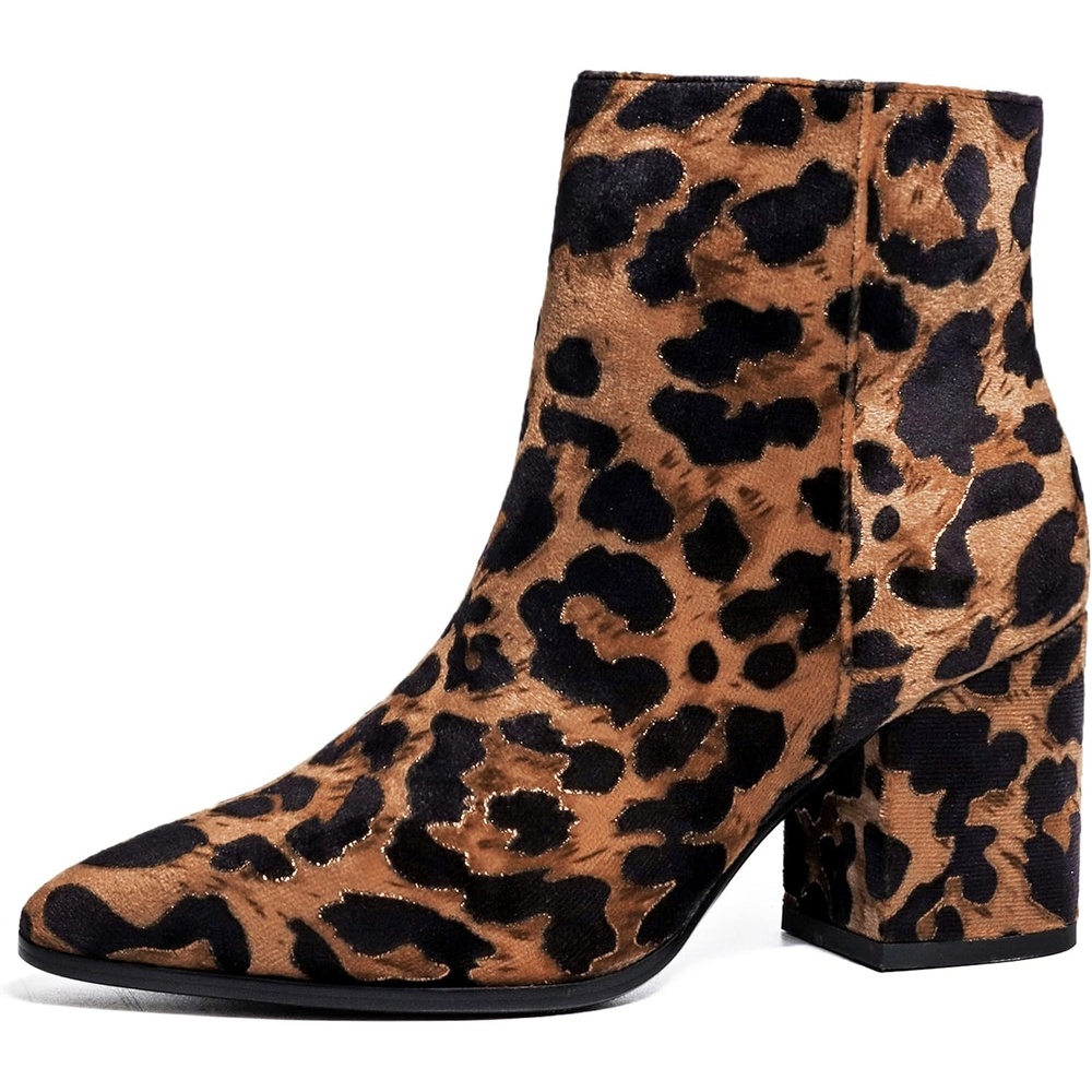 image:imageIDIFU Women Dress Ankle Boot with Low Chunky Heel Pointed Toe Side Zipper Bootie Shoe for Women Office Business Date WeddingLeopard Suede