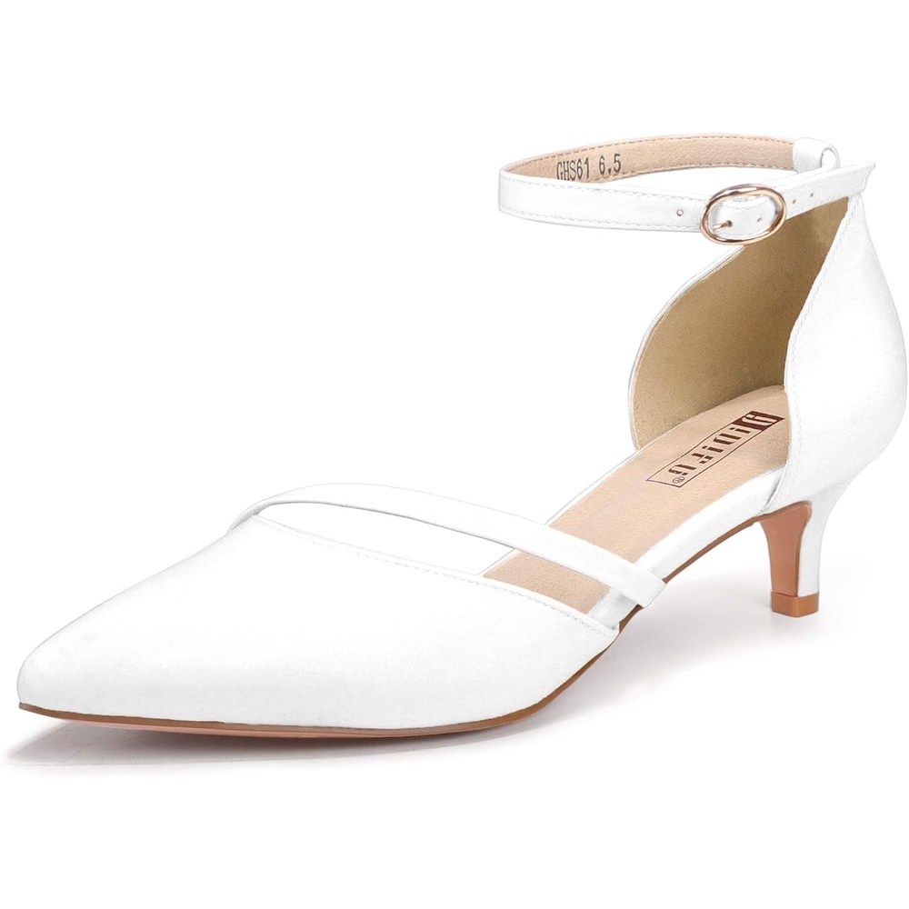 image:imageIDIFU Women IN2 Maxine Low Kitten Heels Dress Pumps Wedding Evening Formal Elegant Closed Toe Shoes for Women BrideWhite Pu
