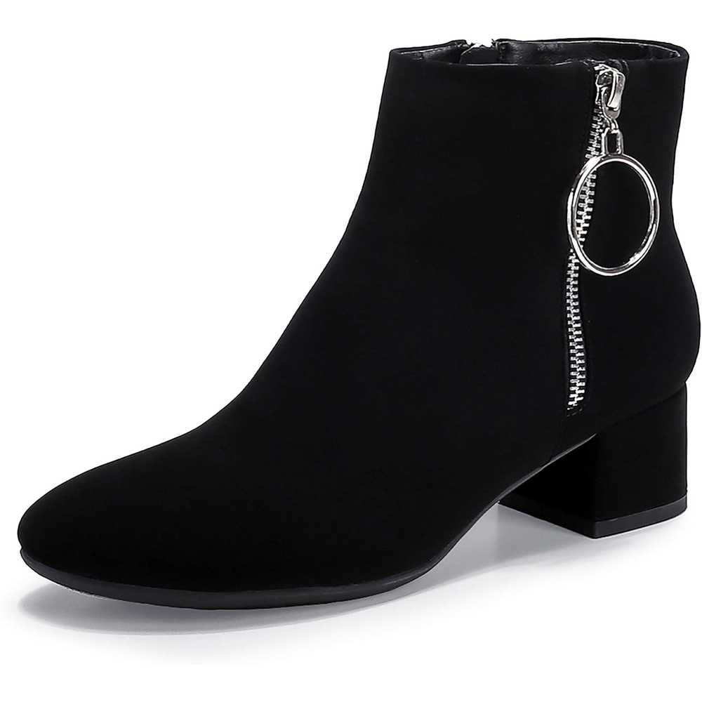 image:imageIDIFU Women Ring Zipper Ankle Boots 18 Inch Low Block Heels Round Toe Dress BootiesBlack Nubuck