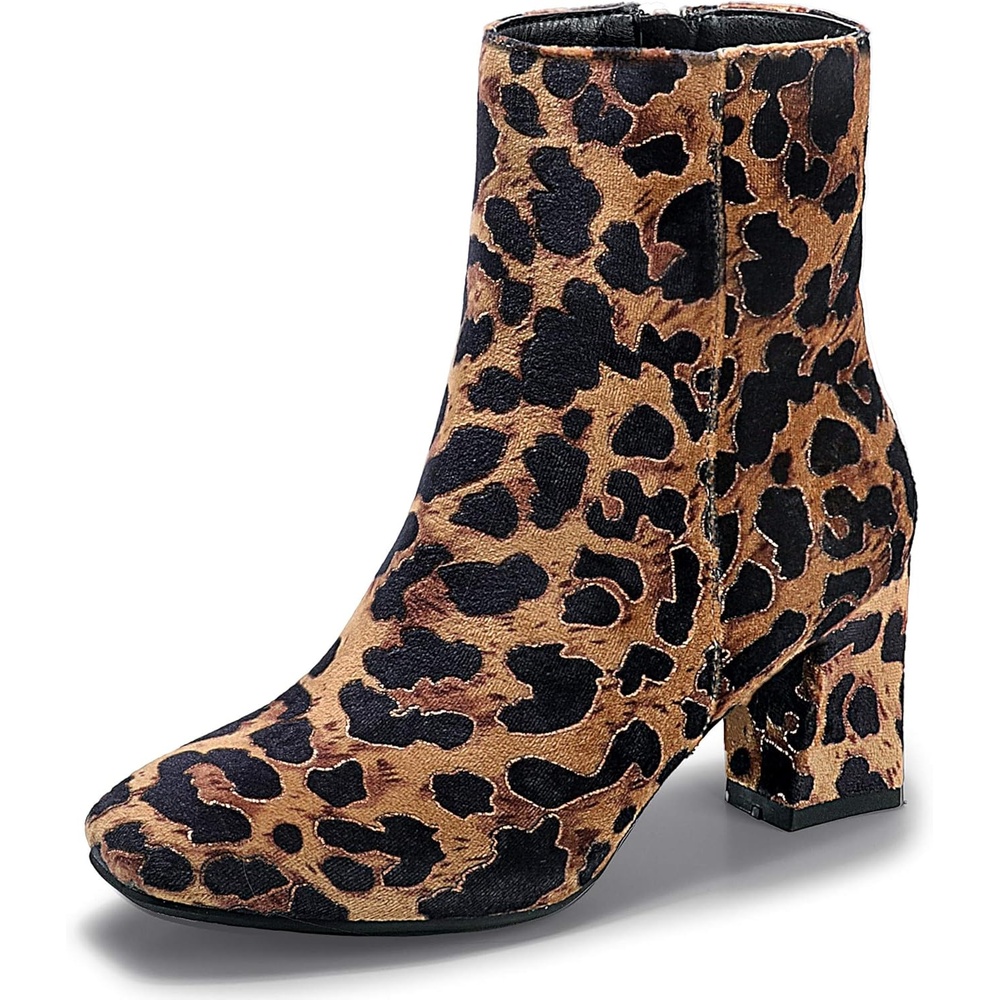 image:imageIDIFU Womens Aliza Fashion Square Toe Short Boots Side Zipper Low Block Heel Ankle BootiesLeopard Suede