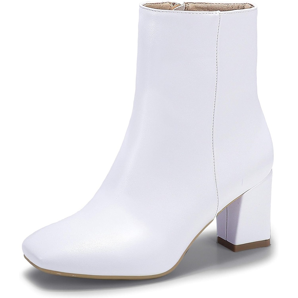 image:imageIDIFU Womens Aliza Fashion Square Toe Short Boots Side Zipper Low Block Heel Ankle BootiesWhite Pu