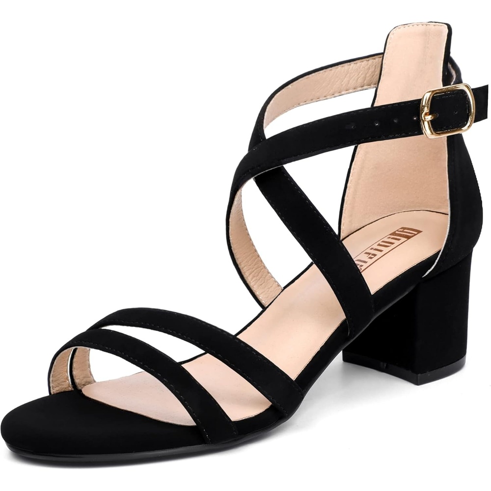 image:imageIDIFU Womens Block Low Chunky Heel Strappy Sandals Open Toe Ankle Strap Dress Wedding Evening Shoe for Women BridalBlack Nubuck