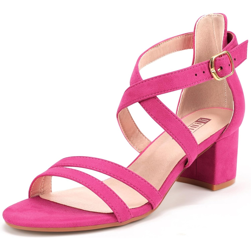 image:imageIDIFU Womens Block Low Chunky Heel Strappy Sandals Open Toe Ankle Strap Dress Wedding Evening Shoe for Women BridalHot Pink Suede