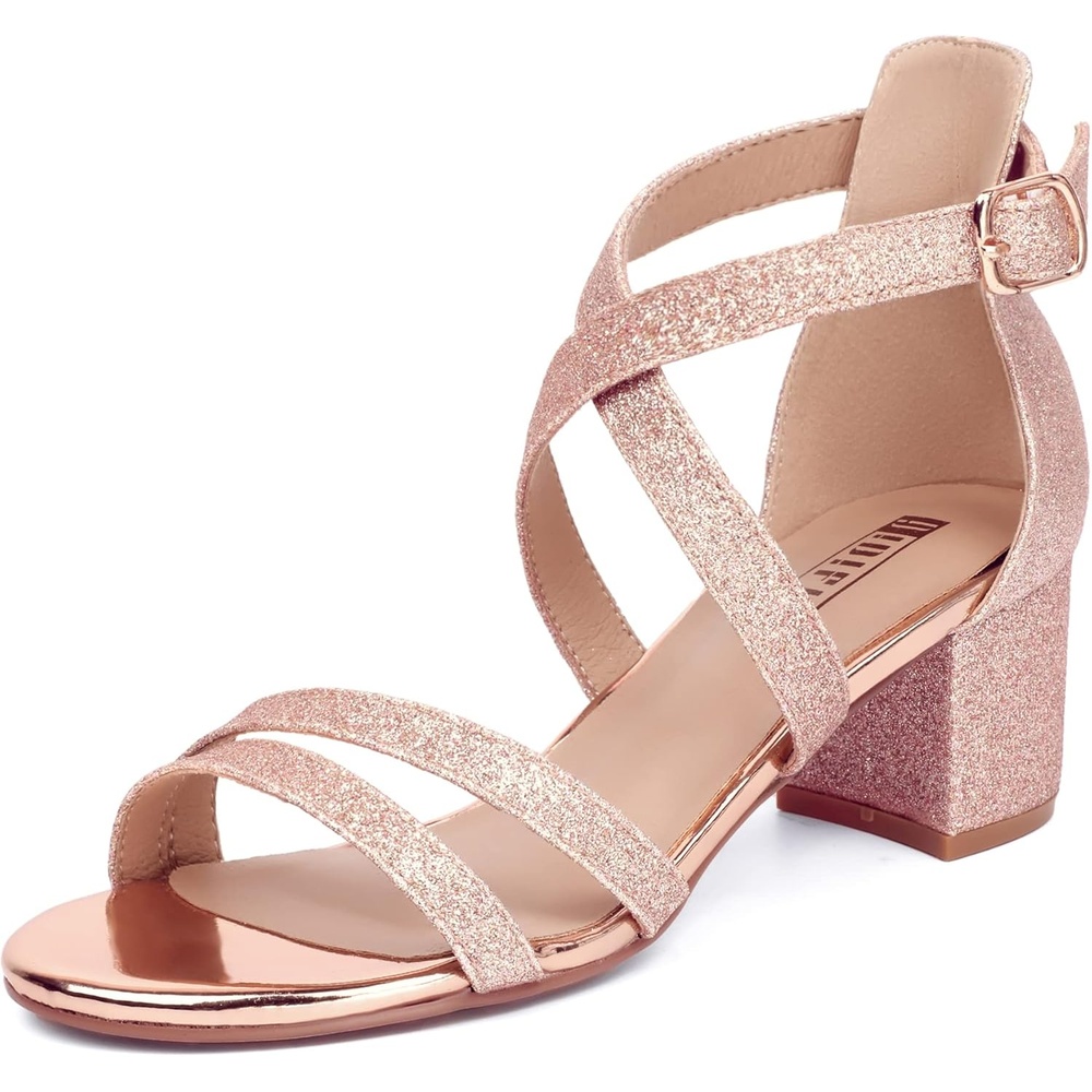 image:imageIDIFU Womens Block Low Chunky Heel Strappy Sandals Open Toe Ankle Strap Dress Wedding Evening Shoe for Women BridalRose Gold Shiny
