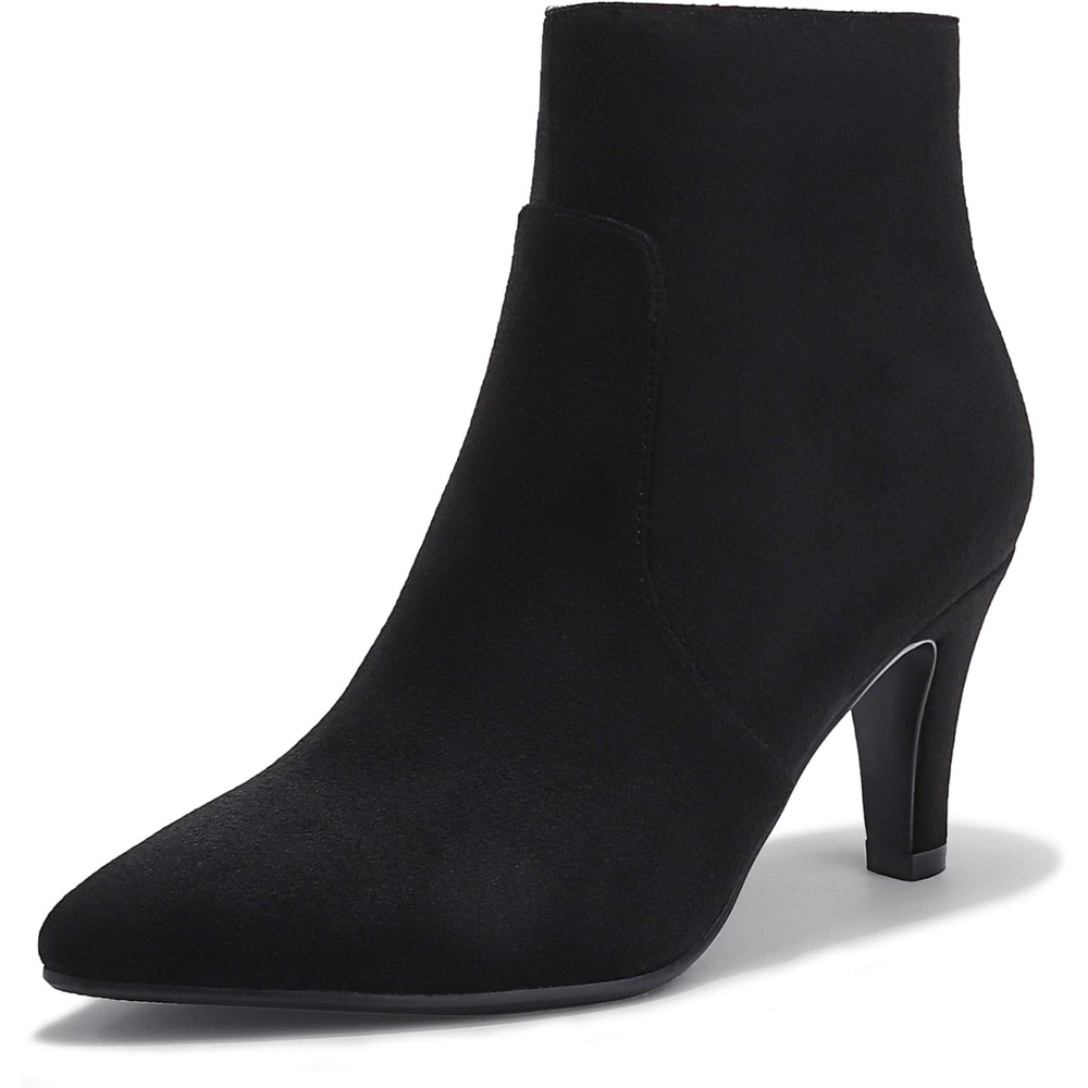 image:imageIDIFU Womens CLARAZ Pointed Toe High Heel Ankle Booties Zipper Buckle Strap Short BootsBlack Suede